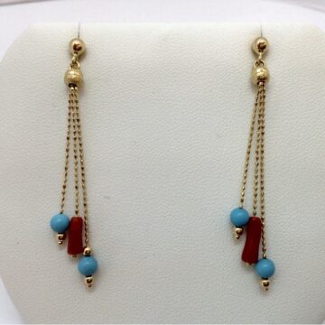 Orecchini in oro giallo con turchese e corallo